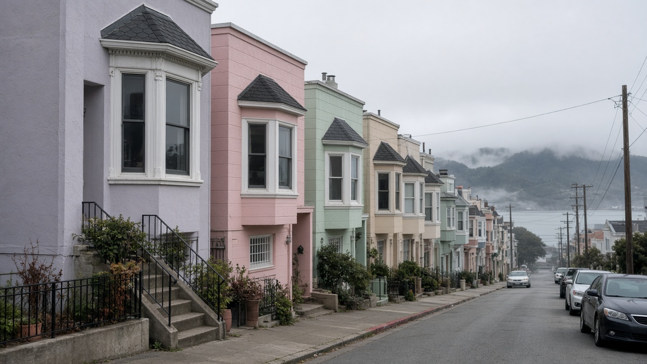 AI-generated illustration of stucco row houses on a hillside street in the Bay Area
