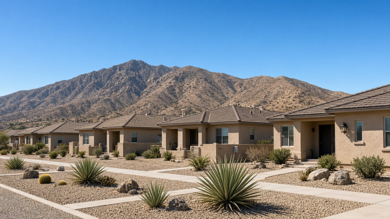 AI-generated illustration of a stucco home in an inland desert-edge neighborhood