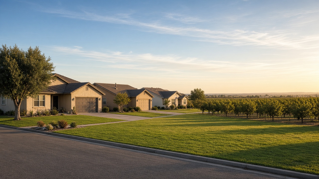AI-generated illustration of a stucco tract home in a Central Valley neighborhood