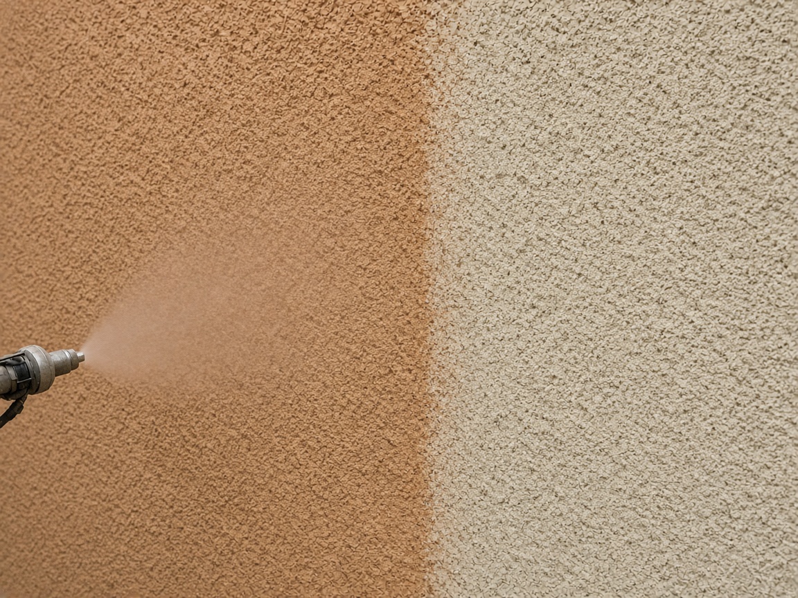 A worker spraying a new color coat onto a stucco wall
