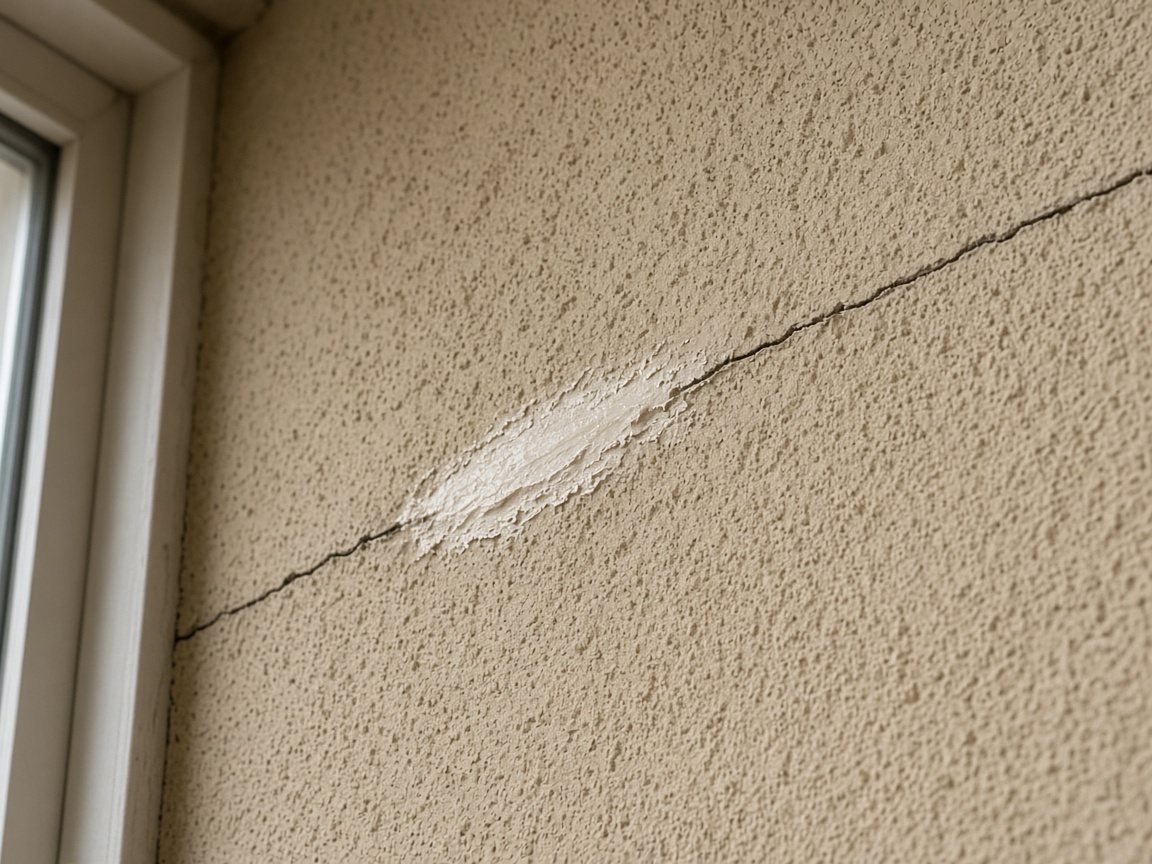 A hairline crack in a stucco wall beside a fresh patch