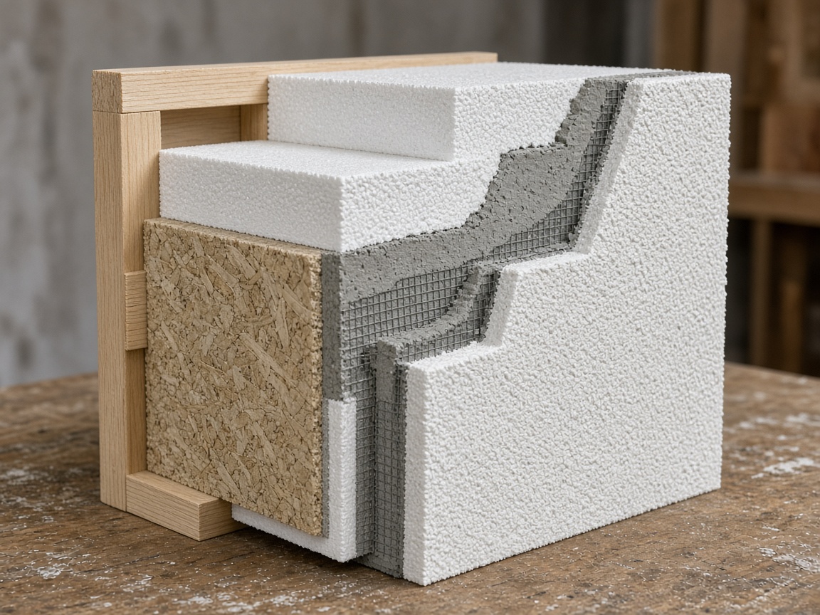 Cutaway sample showing the layers of an EIFS wall system: foam board, mesh and finish coat