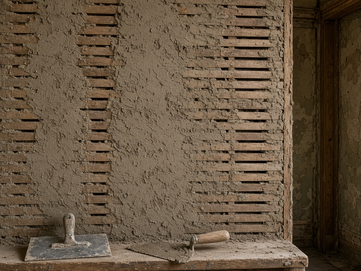 Wood lath with a scratch coat of plaster and plastering trowels