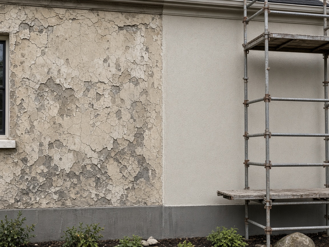 Half of a house wall with old cracked stucco and half with fresh new stucco, with scaffolding
