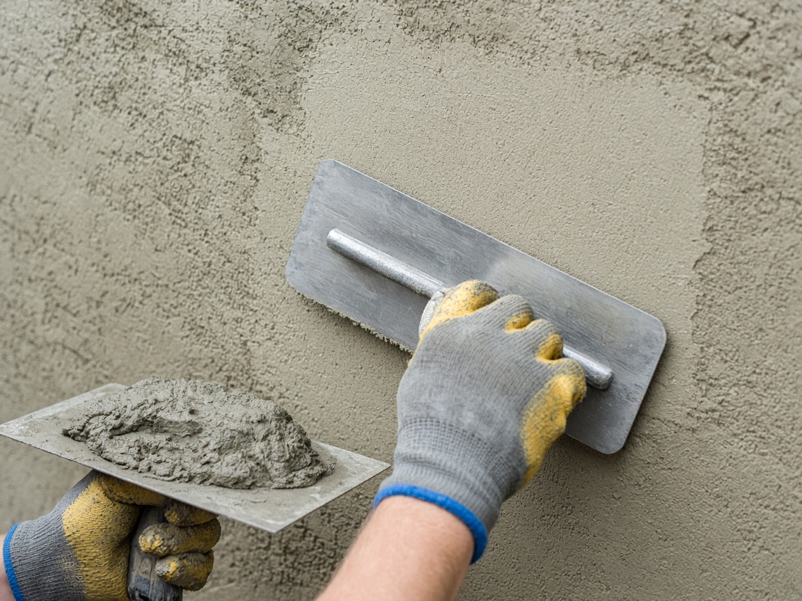 Gloved hands troweling a stucco patch onto a wall
